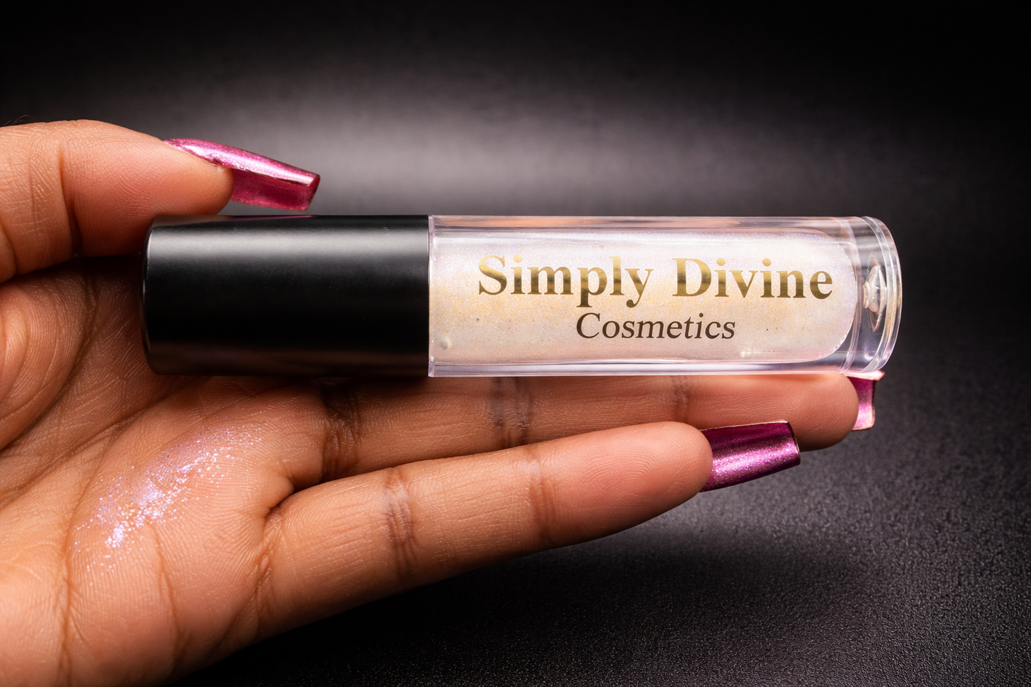 Sarah Blue Sparkle vegan lip gloss close-up detail – cruelty-free formula – Simply Divine Cosmetic